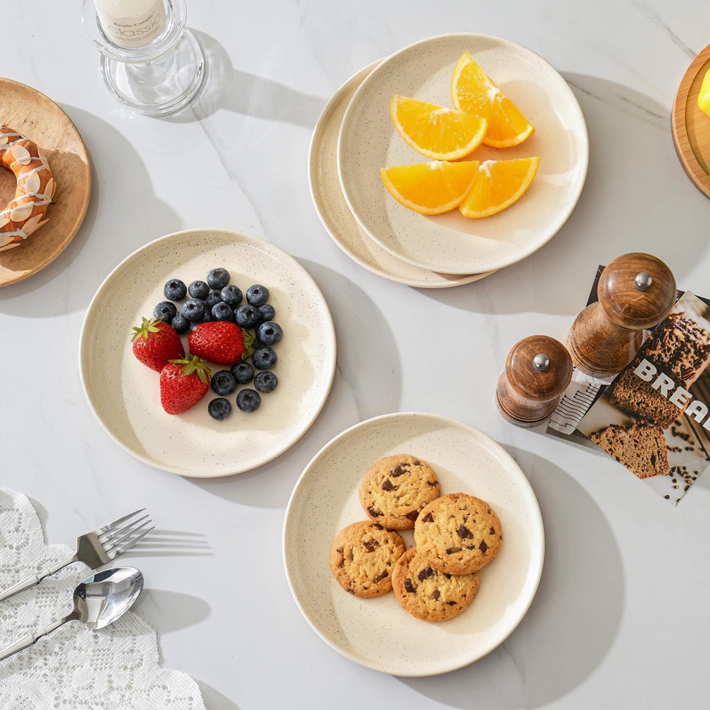 GZG Ceramic Dinner Salad Plates Set of 4, 8 Inch Speckled Dinnerware Dessert Plates with Clay-Tone Base, Microwave Oven Dishwasher Safe