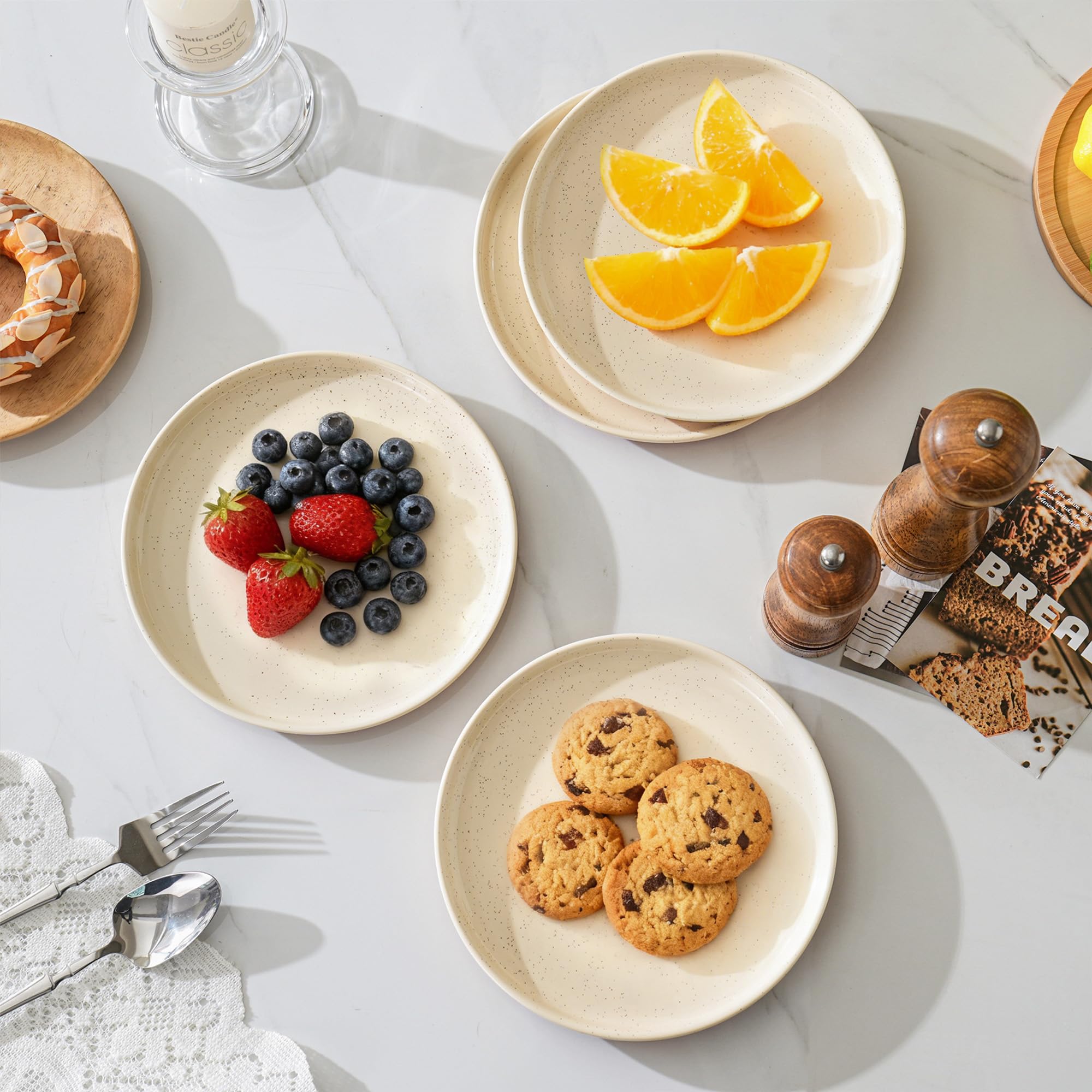 GZG Ceramic Dinner Salad Plates Set of 4, 8 Inch Speckled Dinnerware Dessert Plates with Clay-Tone Base, Microwave Oven Dishwasher Safe
