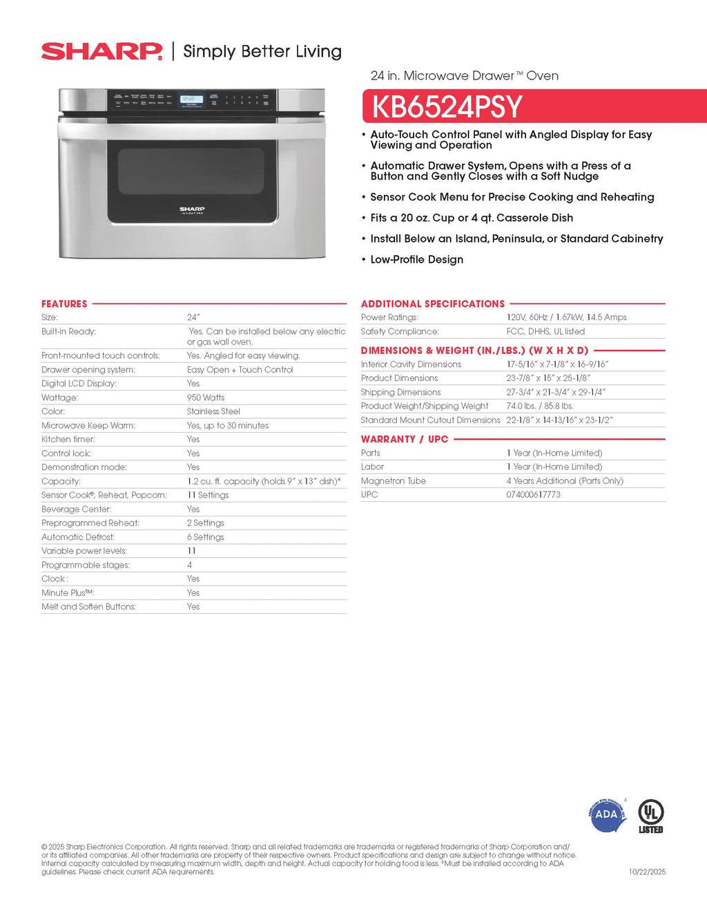 Sharp KB6524PSY 24 in. 1.2 cu. ft. Built-In Microwave Drawer Oven
