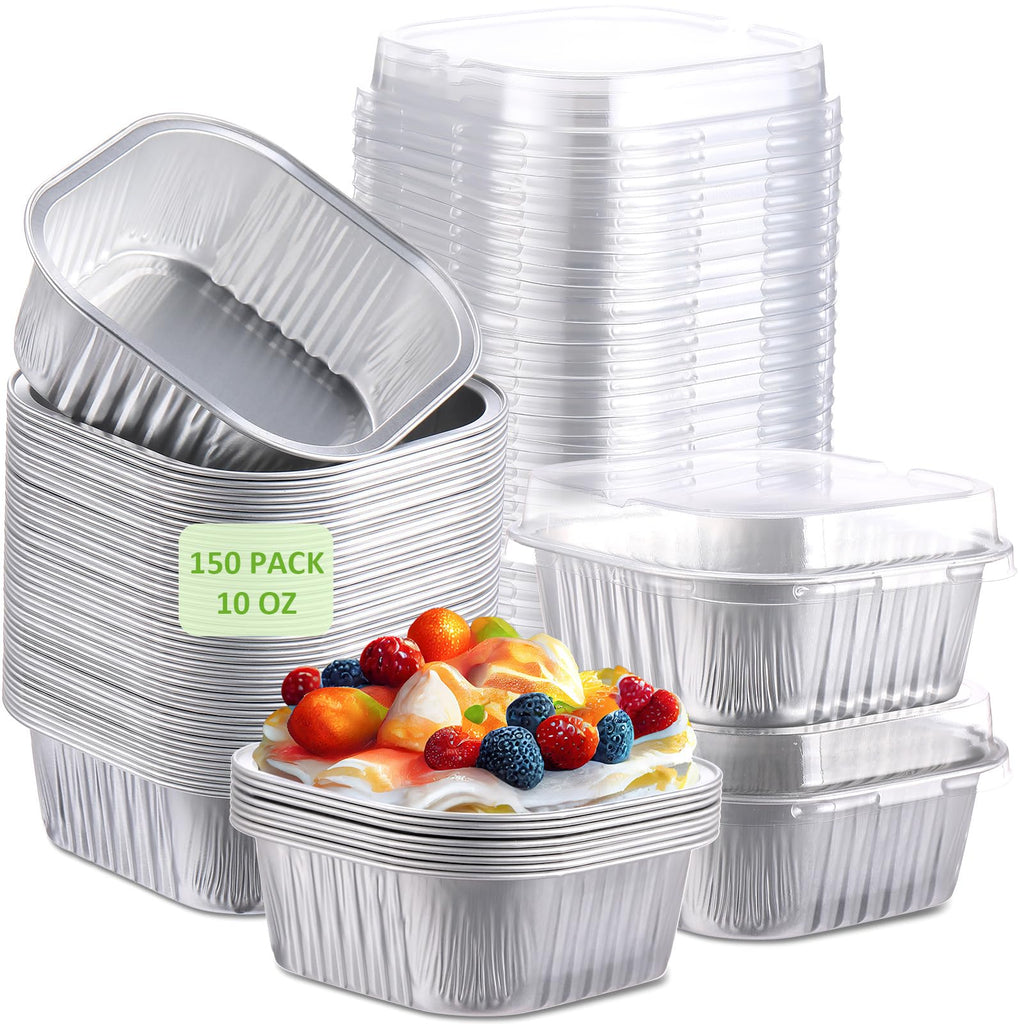 Aoriher 150 Pcs 10 oz Mini Cake Pans with Lids Aluminum Foil Baking Cup Disposable Square 4 x 4 Large Baking Tin, Muffin Pan Cheesecake Kitchen Brownie Pudding Desserts Holder(Silver)