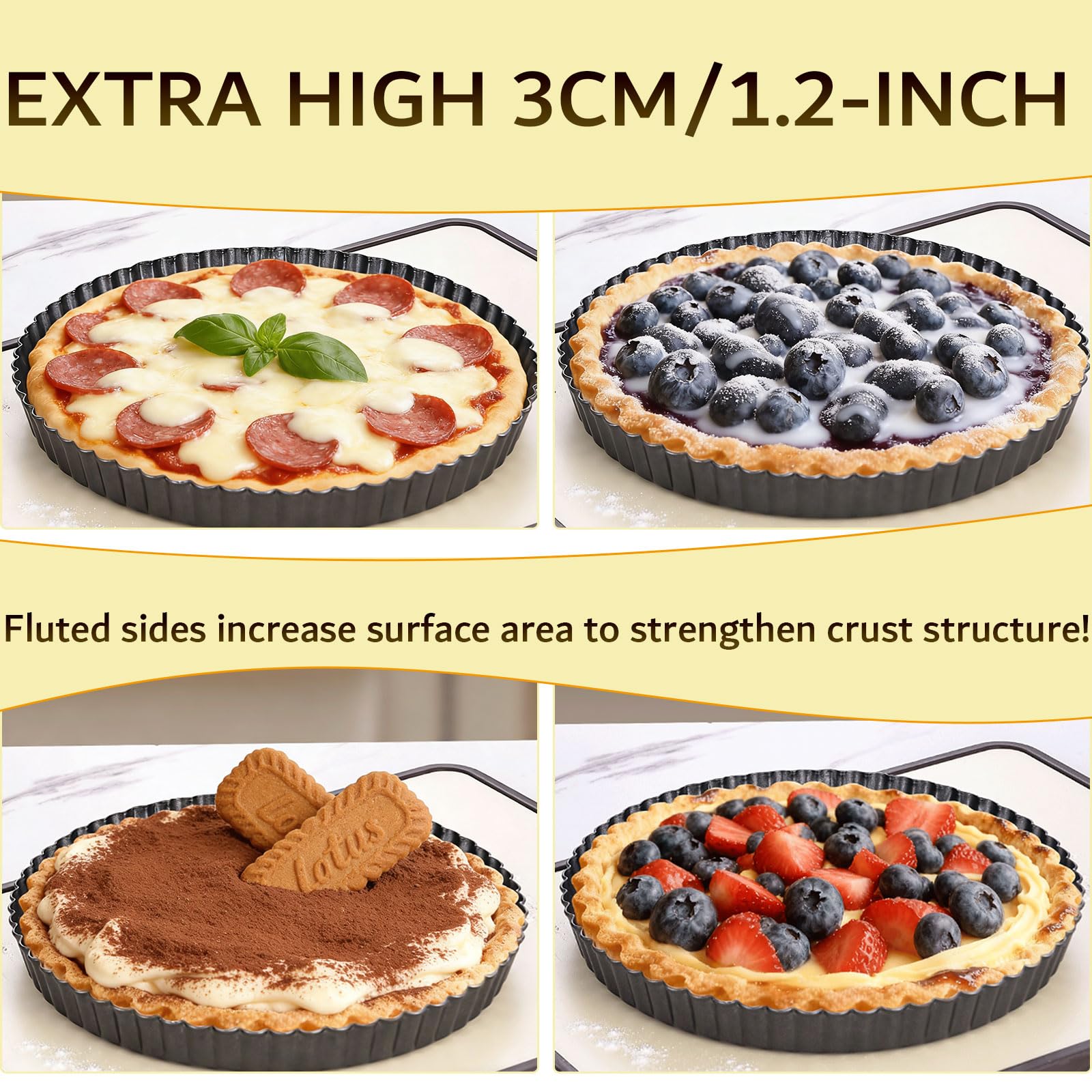 KUAYB 10 Inch Nonstick Tart Pan with Removable Bottom, Carbon Steel Quiche and Pie Pan- 1.1-Inch Depth, Fluted Edges for Baking Tarts, Quiches, Mousse Cakes, and Desserts