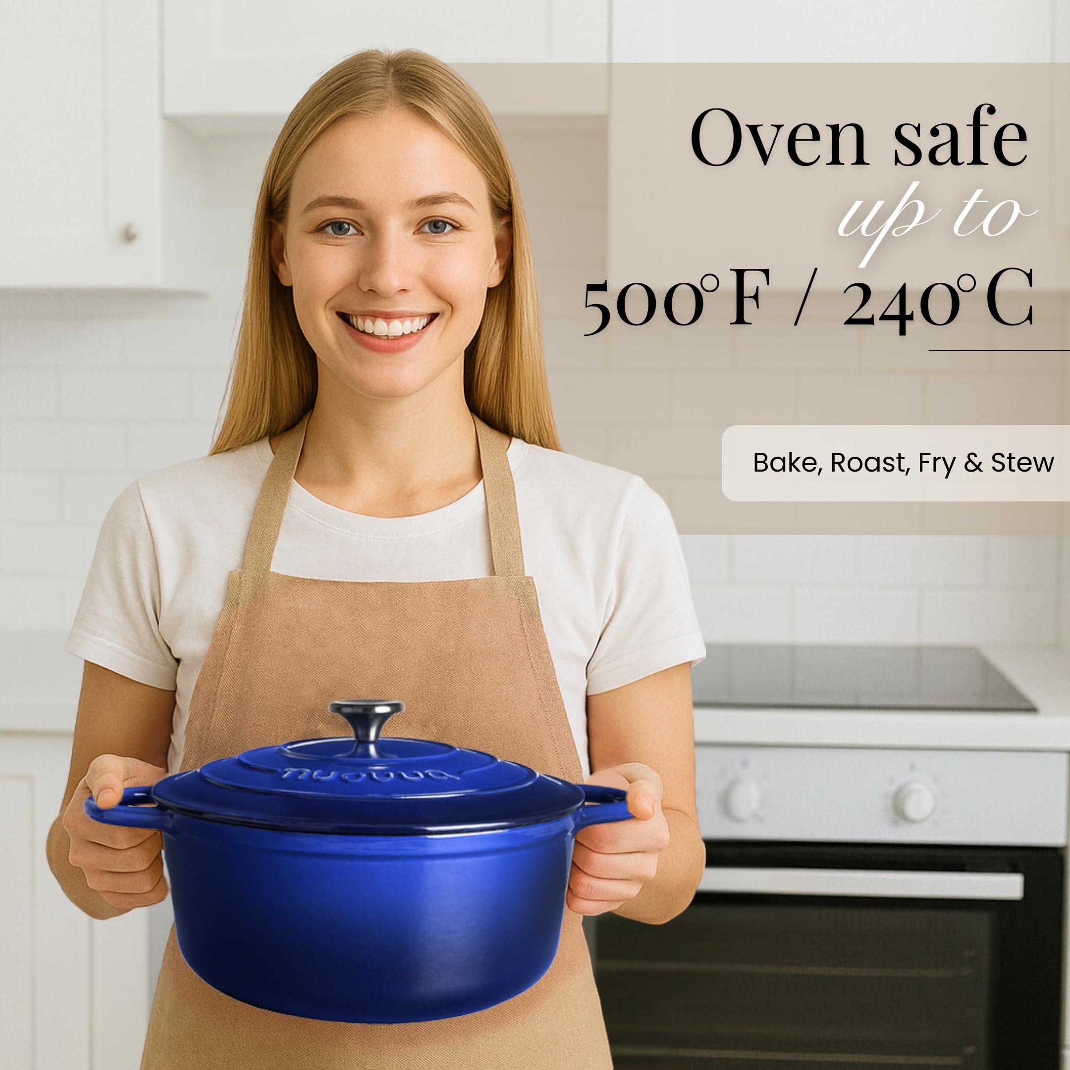 Nuovva Enamelled Cast Iron Dutch Oven Pot with Lid-6.4 Quart Non Stick Casserole Pot-Heavy Duty & Oven Safe up to 500° F for Bread Baking, Braising, Stews, Roasting - 28cm Dark Blue