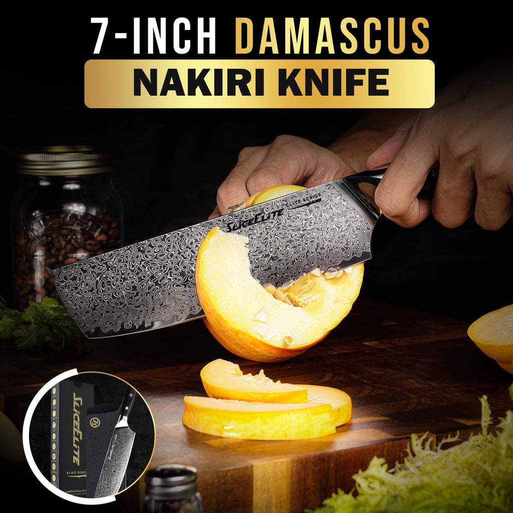 SliceElite Elite Series 7 Inch Nakiri Knife Damascus VG10 Core Forged G10 Handle Polymer Guard Japanese Chef Vegetable Chopping Cleaver Kitchen Knife Sharp Cutting Cooking Tomato Butcher Tool