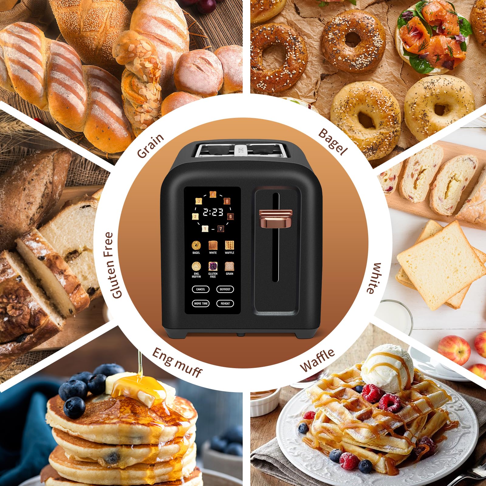SEEDEEM Touchscreen Toaster 2 Slice, 7 Shade, Stainless, 1350W Dark Chocolate