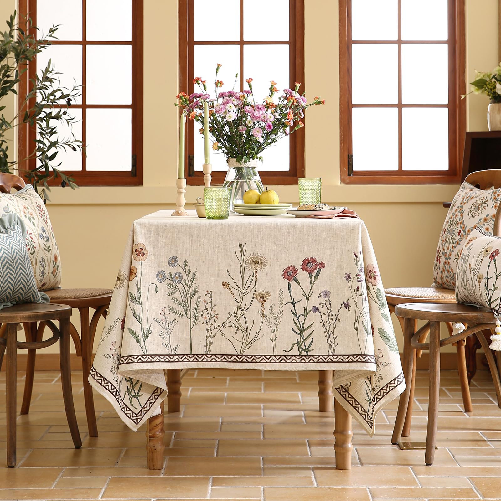 ISAENNE Designer Off White Linen Long Rectangle Tablecloth,Floral Elegant Table Cloth,Stain Resistant Vintage Decor Tablecloths for Dining Thanksgiving Kitchen Christmas,63"*102"-Serenity G