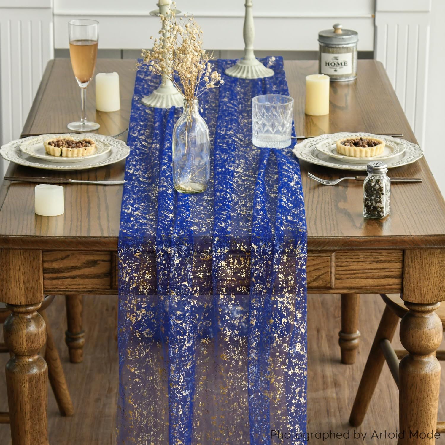 Artoid Mode Blue Gold Gauze Table Runner 120 Inch 10FT, Glitter Metallic Foil Sheer Dining Wedding Anniversary Holiday Table Decor for Home Party