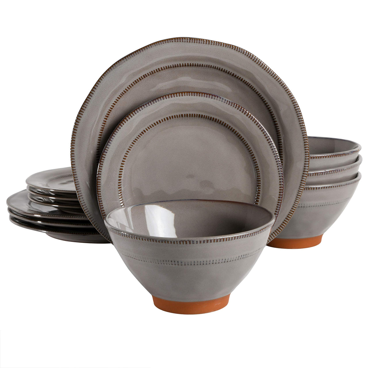 Gibson Elite Island Cove 16 Piece (Service for 4) Plates and Bowls Reactive Glaze Organic Round Dishes Stoneware Ceramic Dinnerware Set -Light Grey