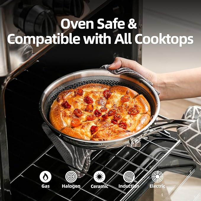 DELUXE Hybrid Ceramic Nonstick 5-Piece Fry Pan Set,8,10,12 Inch Frying Pans with Tempered Glass Lids,Stay-Cool Handles, Dishwasher Safe, Works on All Stovetops (Induction, Gas, Electric)