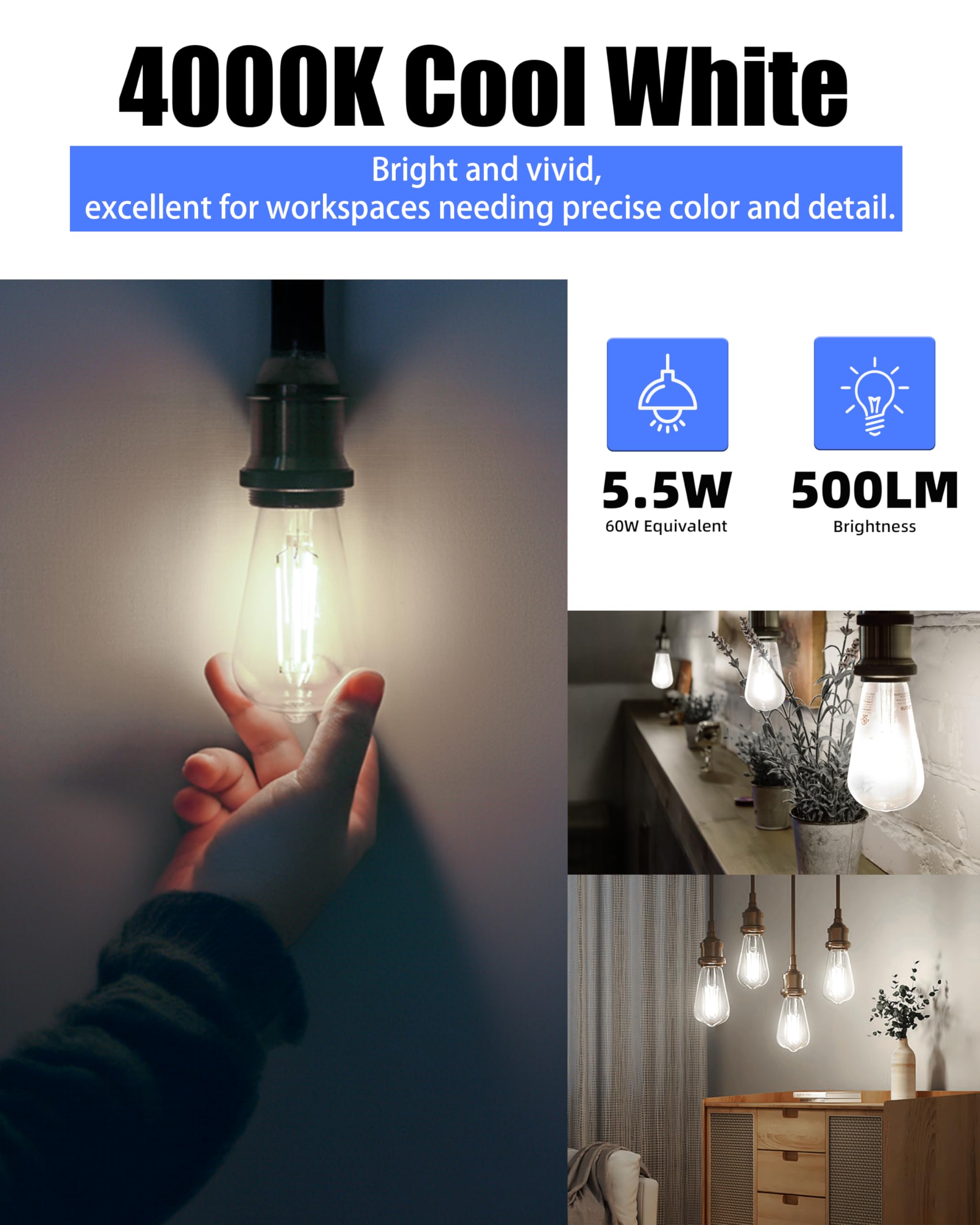ST19 Dimmable LED Edison Bulb, 5.5W (60W Equivalent) 500LM CRI 95+, 4000K Cool White, E26 Medium Base Vintage Filament, Clear Glass, Standard Type A Lamp for Kitchen, Bathroom, Bedroom, 6 Pack