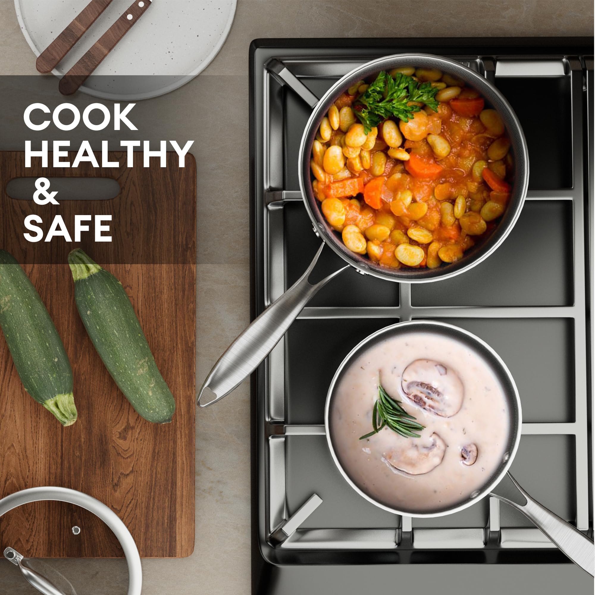 COOKER KING 3 Quart Stainless Steel Saucepan with Lid, Tri-Ply Ceramic Nonstick Pot, Metal Utensil Safe, Dishwasher & Oven Safe up to 900F, Induction Cookware for All Stovetops