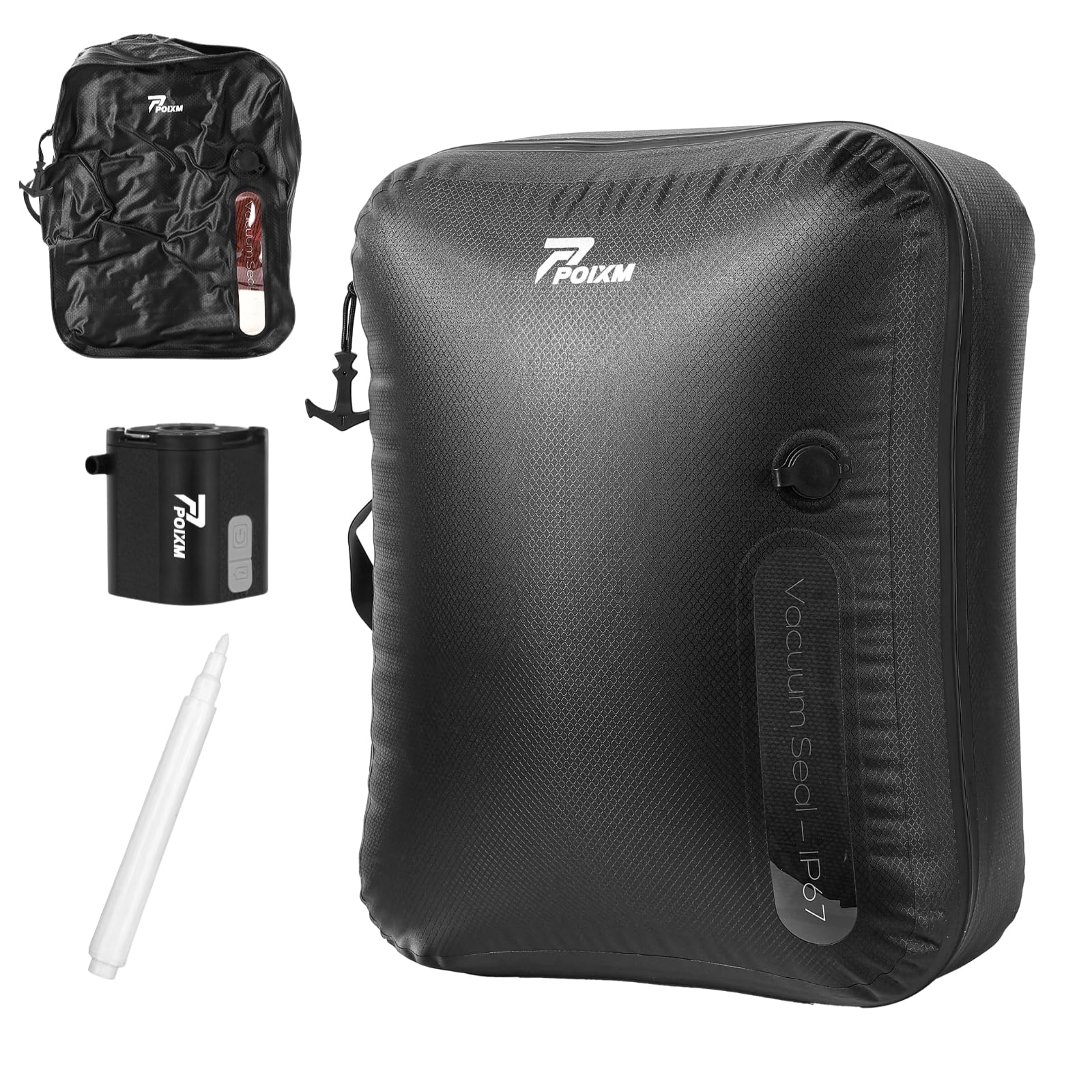 POIXM Vacuum Bags for Travel with Wireless Pump, 180° Open Zipper, IP67 Waterproof, Reusable Space Saver Compression Bags for Backpack, Suitcase, Home Storage(1 Pack + Pump)