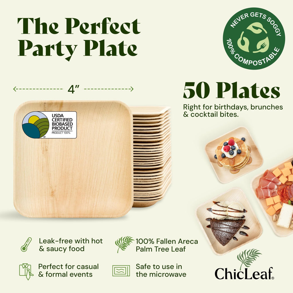 Chic Leaf Palm Leaf Plates - 4 in Square, 50 Pack, Compostable