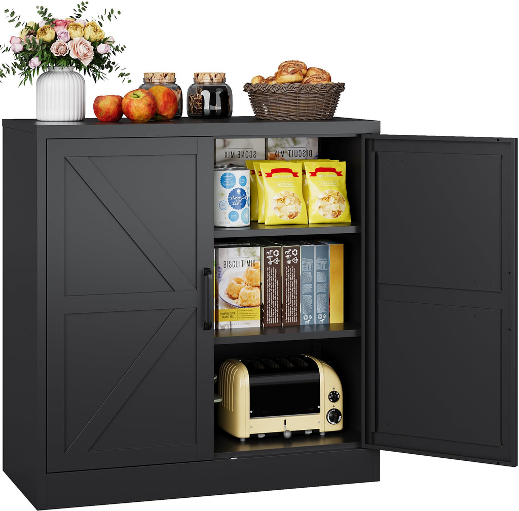 Black Storage Cabinet with Doors and Adjustable Shelves,36" Tall Farmhouse Food Pantry Cabinets,Small Sideboard Cabinet,Short Metal Storage Cabinets for Home Kitchen,Dining/Living/Laundry/Room