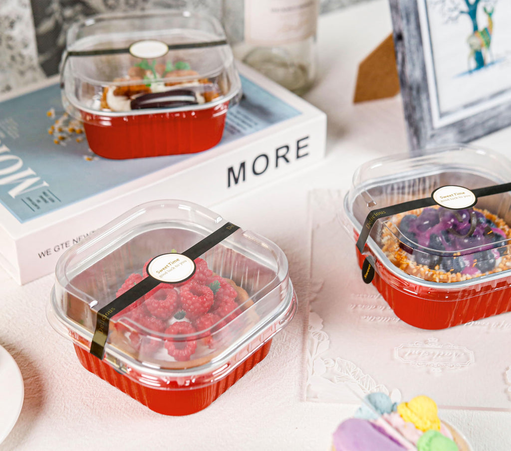 NPLUX Square Cake Pans with Lids, 50 Pack Red 10oz for Seasonal Baking