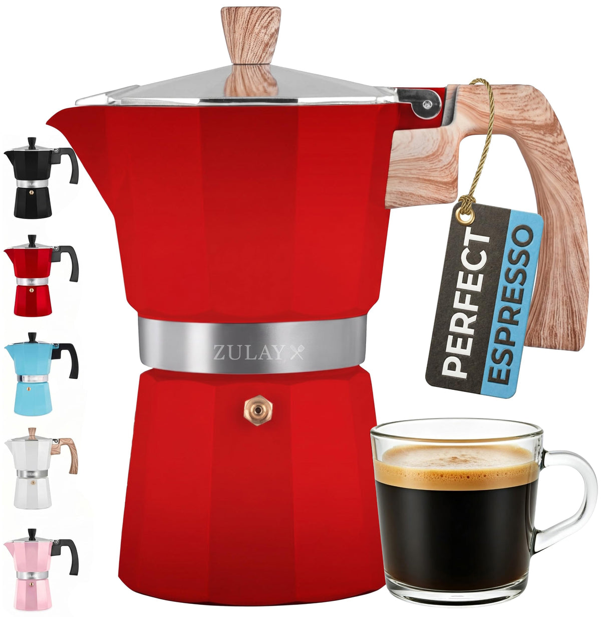 Zulay Moka Pot Espresso Stovetop Coffee Maker - Leak-Proof, Stainless Steel, Easy to Clean, Heat Resistant Handle & Knob - for Authentic Cuban & Italian Style Espresso - Makes 12 Espresso Cups - White
