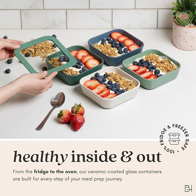Ceramic Coated Glass Food Storage Containers | No PTFE, PFOA, PFAS, and BPA | Reusable Non Toxic Meal Prep Containers with Glass Lids | Easy To Store | 10 Piece Set [Onyx]