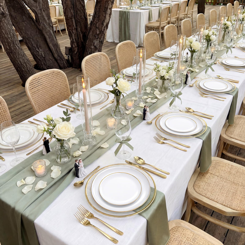 KIRE 200PCS Gold Plastic Plates - Disposable Plates for Party - White Plastic Plates with Gold Rim Include 100 for Dinner and 100 for Dessert/Salad in Wedding/Party