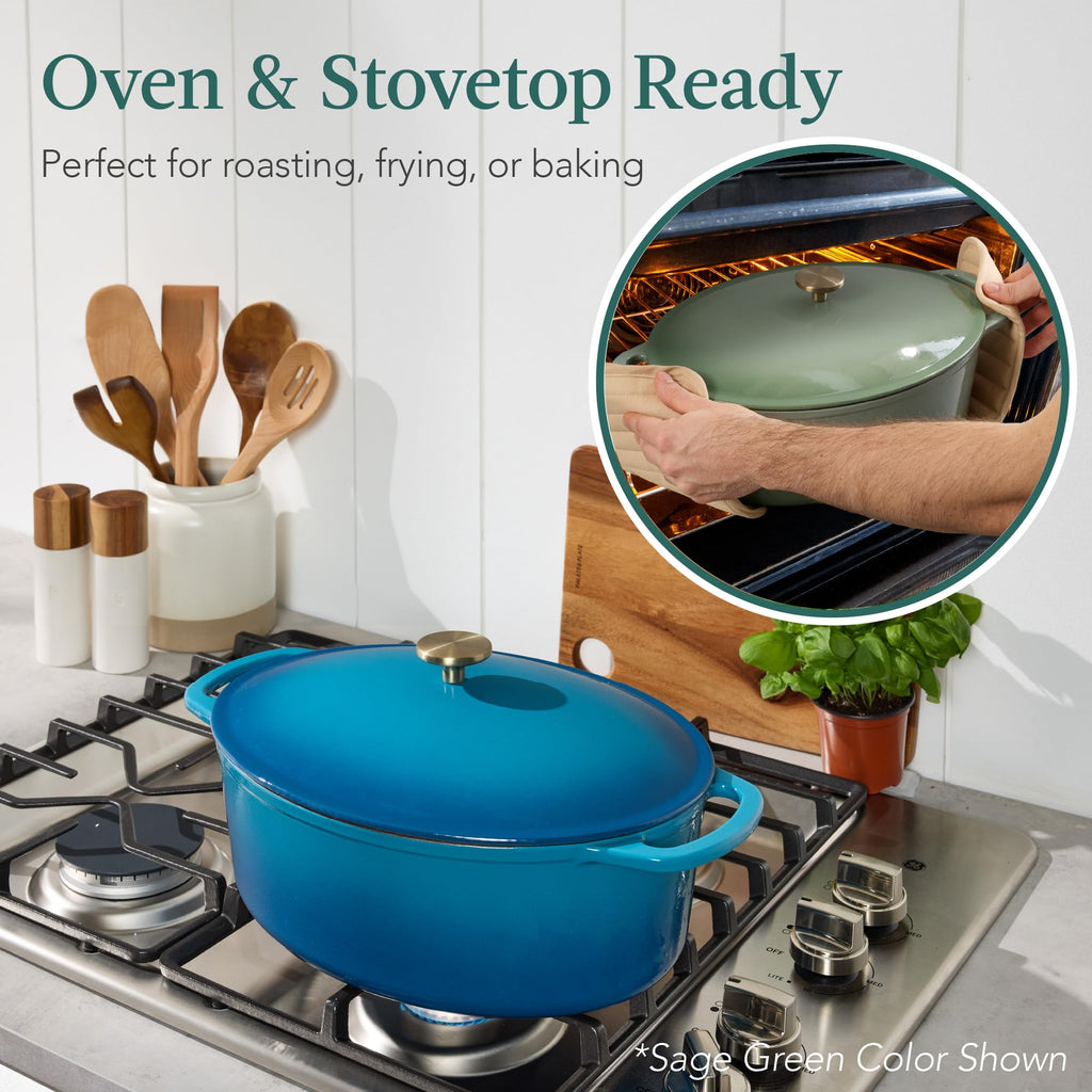 Best Choice Products Oval 7.5 Quart Enamel Cast-Iron Dutch Oven, Heavy-Duty Pre-Seasoned for Baking, Cooking w/Side Handles – Blue