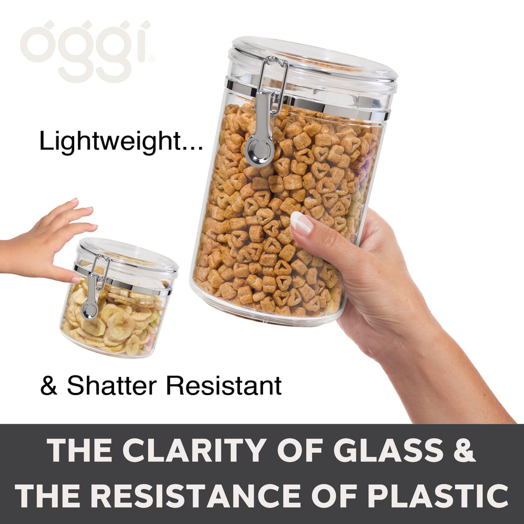 Oggi Clear Canister with Clamp Lid, 28 oz - Large Airtight Food Storage Container, for Kitchen & Pantry Storage of Bulk, Dry Foods Including Pasta, Flour, Sugar, Coffee, Rice, Tea, Spices & Herbs