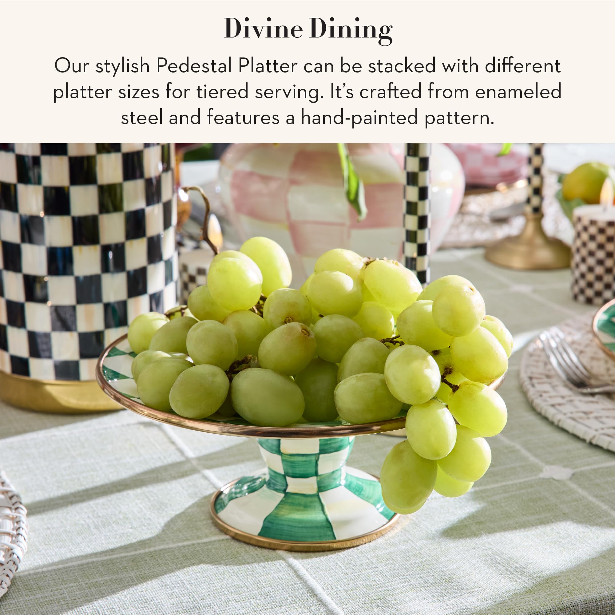 MACKENZIE-CHILDS Pedestal Platter, Mini, Green-and-White Emerald Check