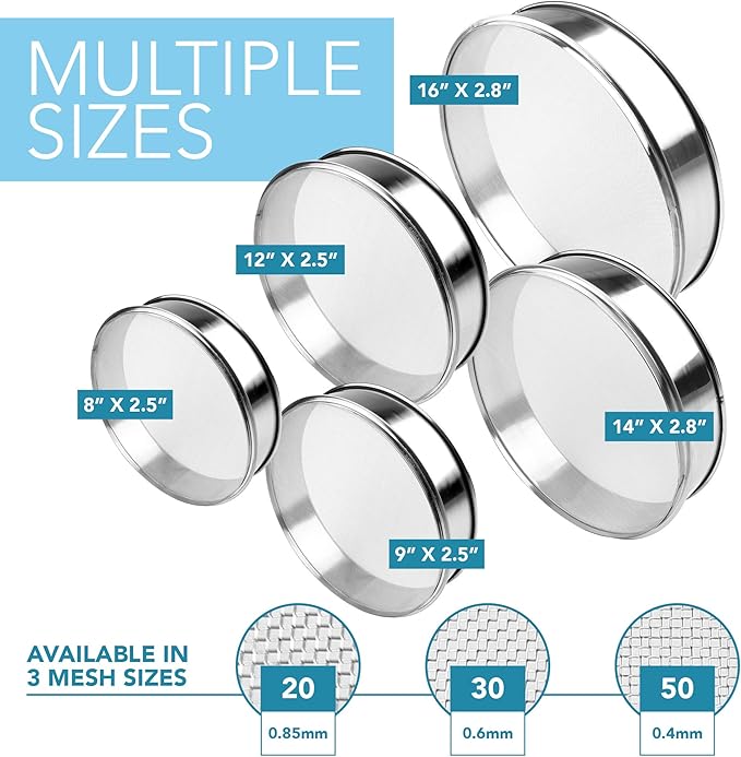 Stainless Steel Flour Sifter Fine Mesh Round Flour Sieve for Baking 9.5" Diameter x 2.5" High; 50 Mesh (Hole Size 0.3mm)