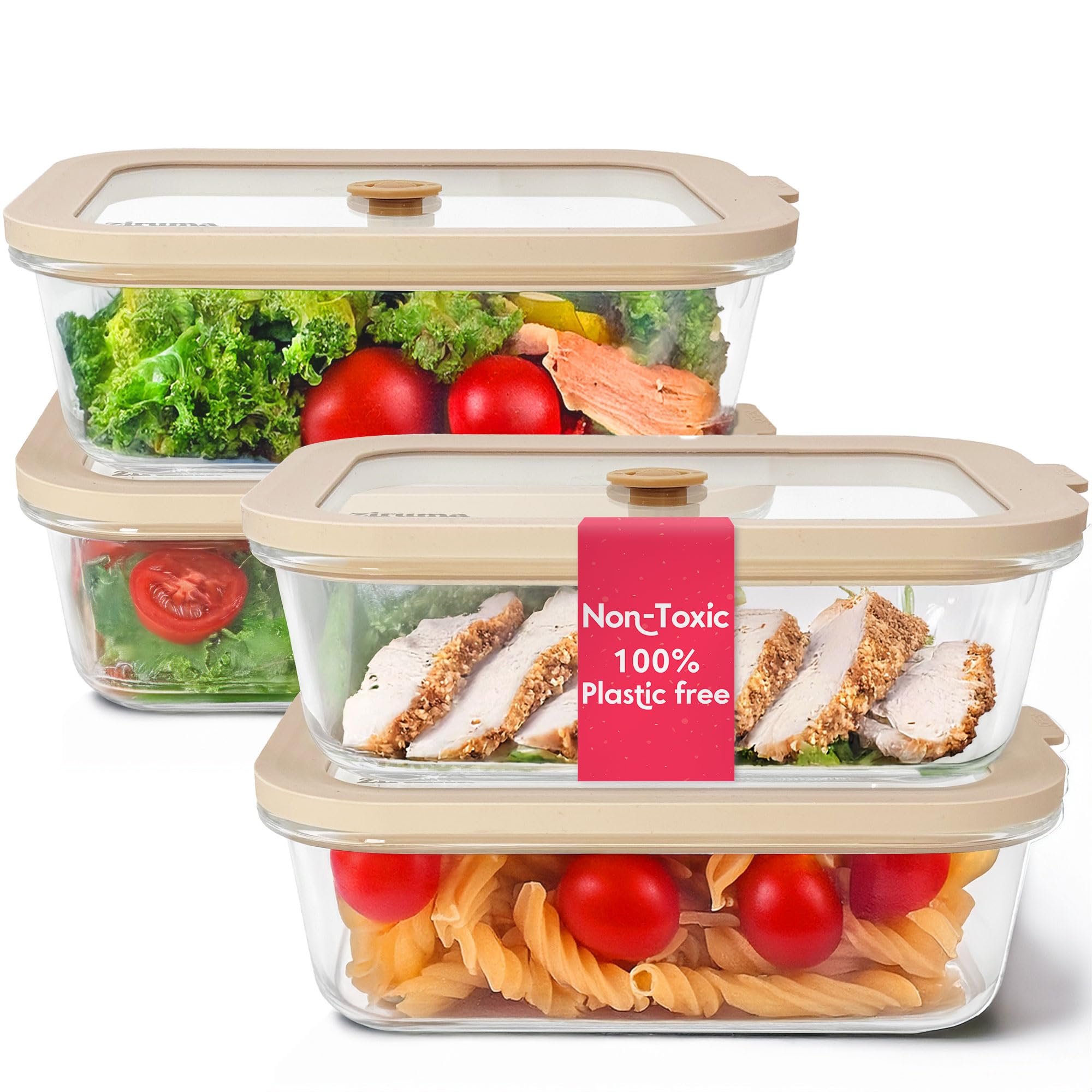 Non-Toxic Glass Food Containers with Lids, 4-Pack, 35 oz, Airtight, Beige