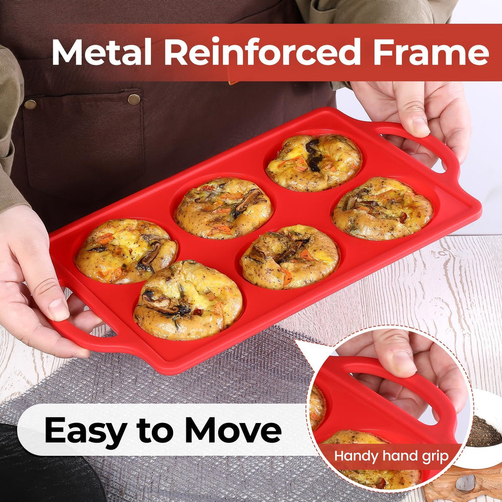Silicone Egg Molds, 3 Inch Muffin Top Pans Non Stick with Metal Framed, Baking Pan for Breakfast Sandwiches, English Muffins, Whoopie Pies, Corn Bread, Egg Bites, Hamburger Bun, Tarts 2 Pack Red