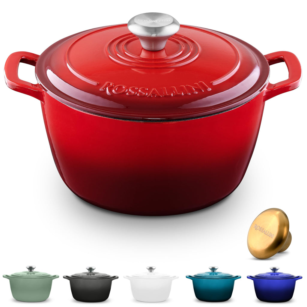 ROSSALLINI Signature Enameled Cast Iron Dutch Oven, Non-Stick Serving Pot with Tight Fitting Lid for Perfect Roasting, Baking, Sauteing, and Bread Making | 5.5Q (5.2L) - Red