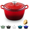 ROSSALLINI Signature Enameled Cast Iron Dutch Oven, Non-Stick Serving Pot with Tight Fitting Lid for Perfect Roasting, Baking, Sauteing, and Bread Making | 5.5Q (5.2L) - Red
