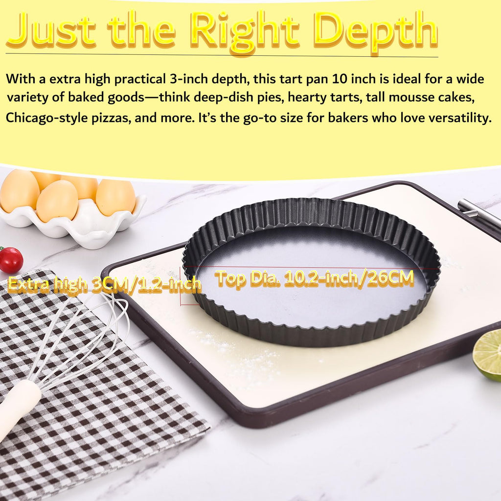 KUAYB 10 Inch Nonstick Tart Pan with Removable Bottom, Carbon Steel Quiche and Pie Pan- 1.1-Inch Depth, Fluted Edges for Baking Tarts, Quiches, Mousse Cakes, and Desserts