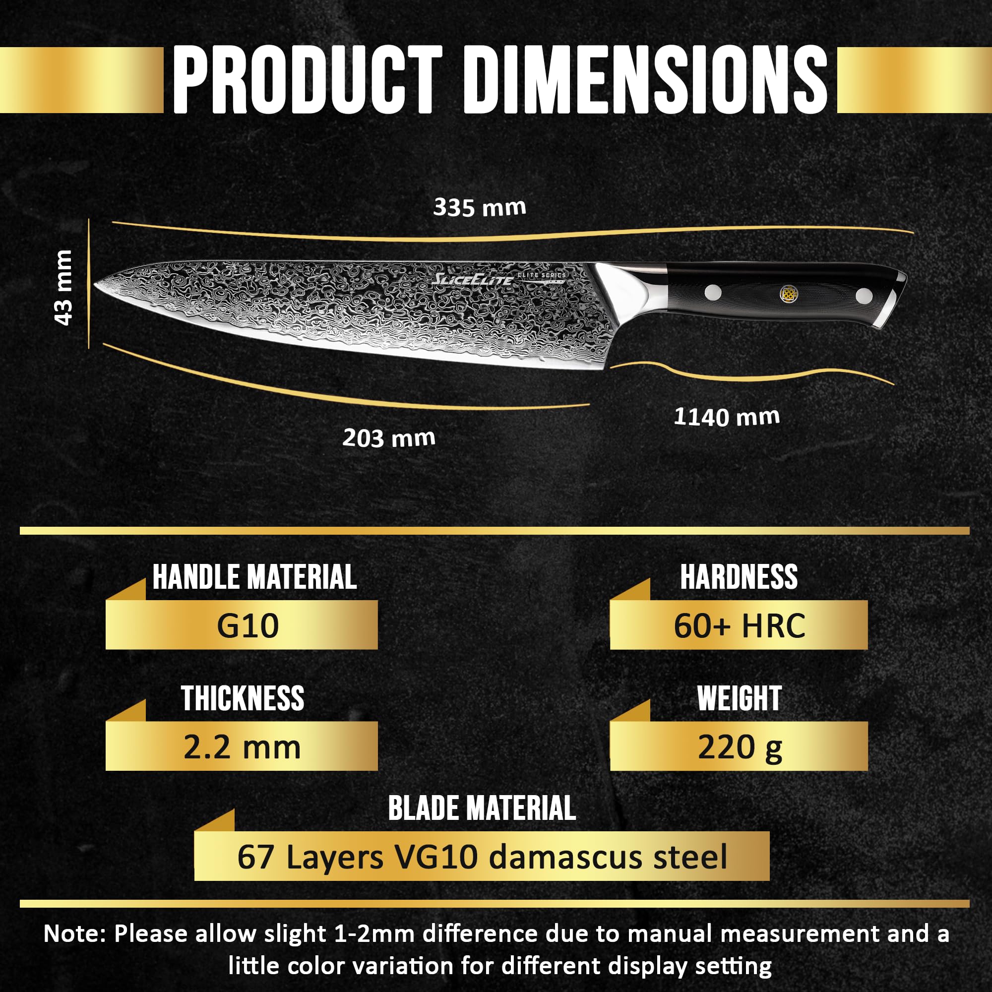SliceElite Elite Series 8 Inch Chef Knife VG10 Damascus Steel Forged G10 Handle Sharp Kitchen Vegetable Meat Chopper Cutting Cooking Carving Precision Cleaver BBQ Fruit Professional Gift Blade Tool