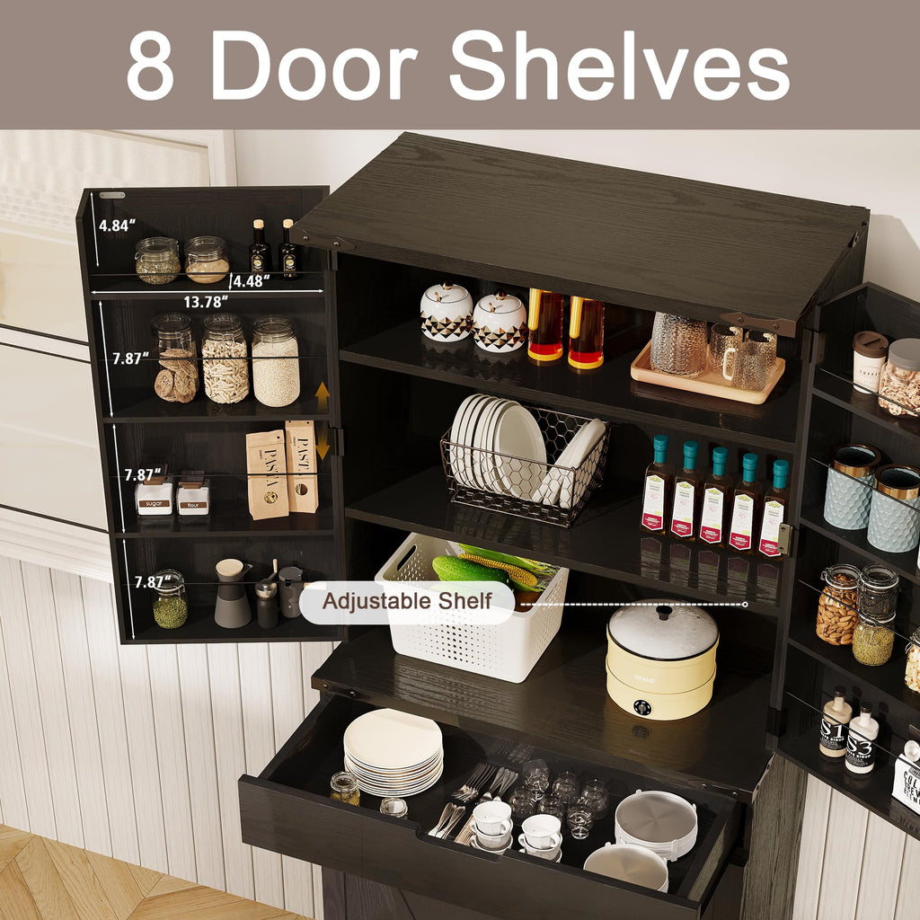 GRUSIGN 72" Tall Storage Cabinet, Kitchen Pantry Cabinet with Adjustable Shelves & Sturdy Steel Frame, Farmhouse Pantry Storage with 4 Barn Doors for Kitchen, Dining Room, and Living Room, Black