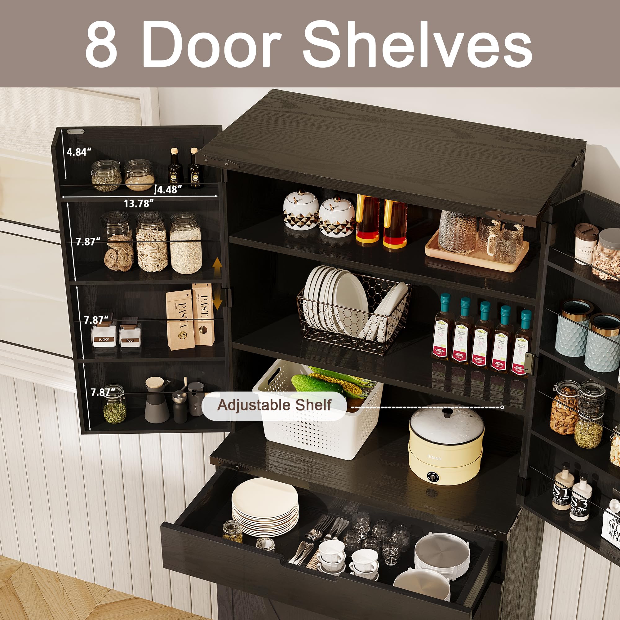 GRUSIGN 72" Tall Storage Cabinet, Kitchen Pantry Cabinet with Adjustable Shelves & Sturdy Steel Frame, Farmhouse Pantry Storage with 4 Barn Doors for Kitchen, Dining Room, and Living Room, Black