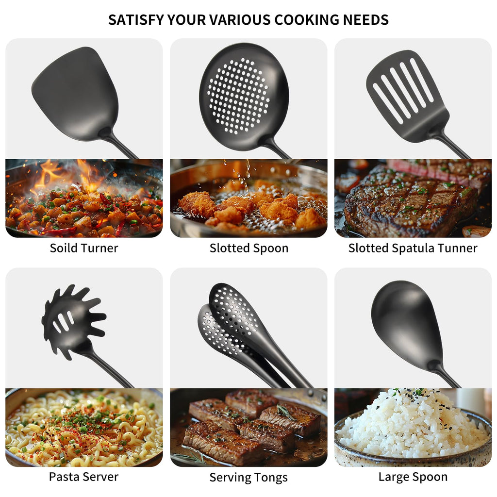 304 Stainlss Steel Matte Kitchen Utensils Set, 11 Pcs Long Metal Cooking Utensil Gadgets Tools Set with Spatula, Ladle, Spoon, Ladle, Skimmer, Tunner, Pasta Server, Tongs(Black, Dishwasher Safe)