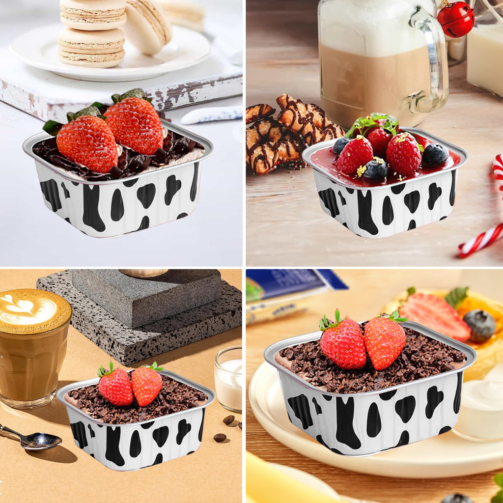 50 Pcs Mini Square Baking Cups with Lids,5oz Aluminum Foil Mini Cake Pans with Lids,Disposable Ramekins Cake Pans,150ml Dessert Cups Cupcake Pans for Wedding Birthday Party,Cowprint