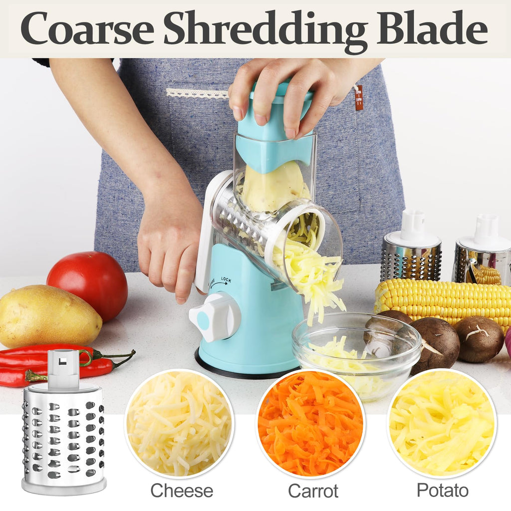 Cambom Rotary Cheese Grater Hand Crank Cheese Shredder for Fresh Cheese, Vegetable, Nuts,Non-slip Suction Base, Five Blades, Blue