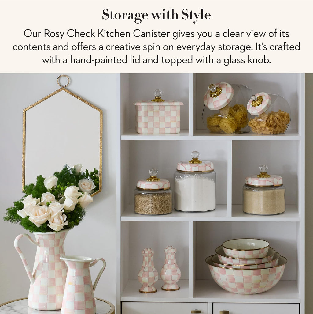 MACKENZIE-CHILDS Rosy Check Kitchen Canister, Decorative Pink-and-White Glass Storage Jar with Lid, Medium