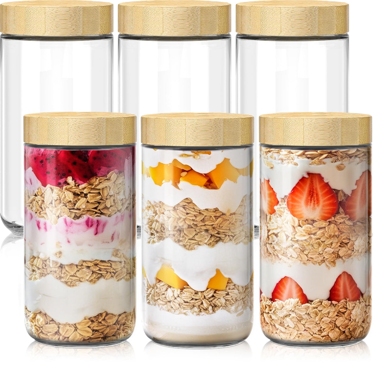 10 oz Overnight Oats Containers with Bamboo Lids, Glass Mason Jars 6 Pack
