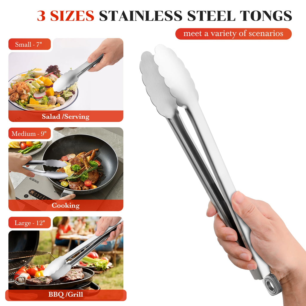 7/9/12 Inch Kitchen Tongs for Cooking, Heat Resistant Stainless Steel Tongs
