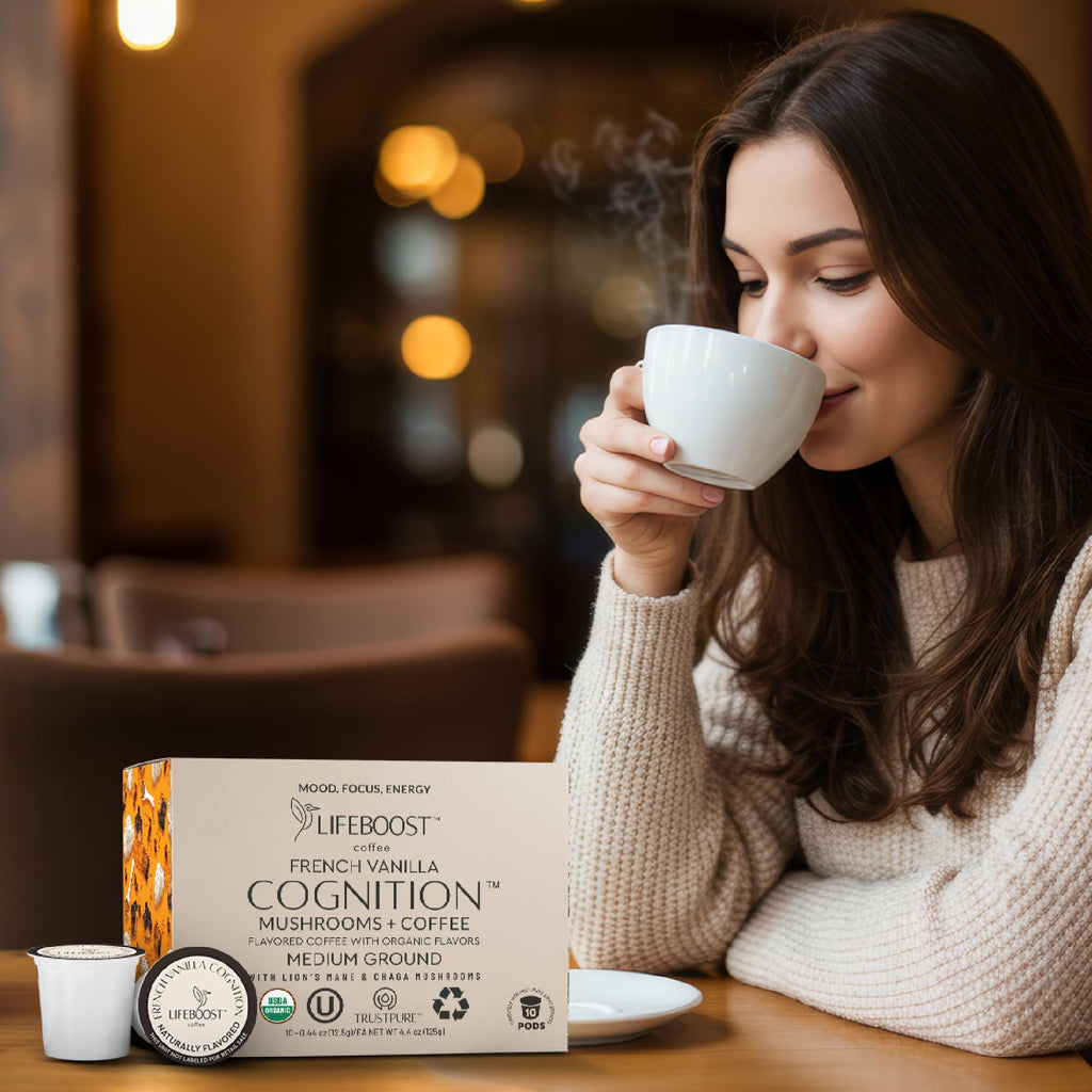 Lifeboost French Vanilla Cognition Mushroom Coffee Pods - Low Acid Organic K-Cups with Lion’s Mane & Chaga Nootropic Mushrooms for Focus, Energy & Immune Support - 10 Count