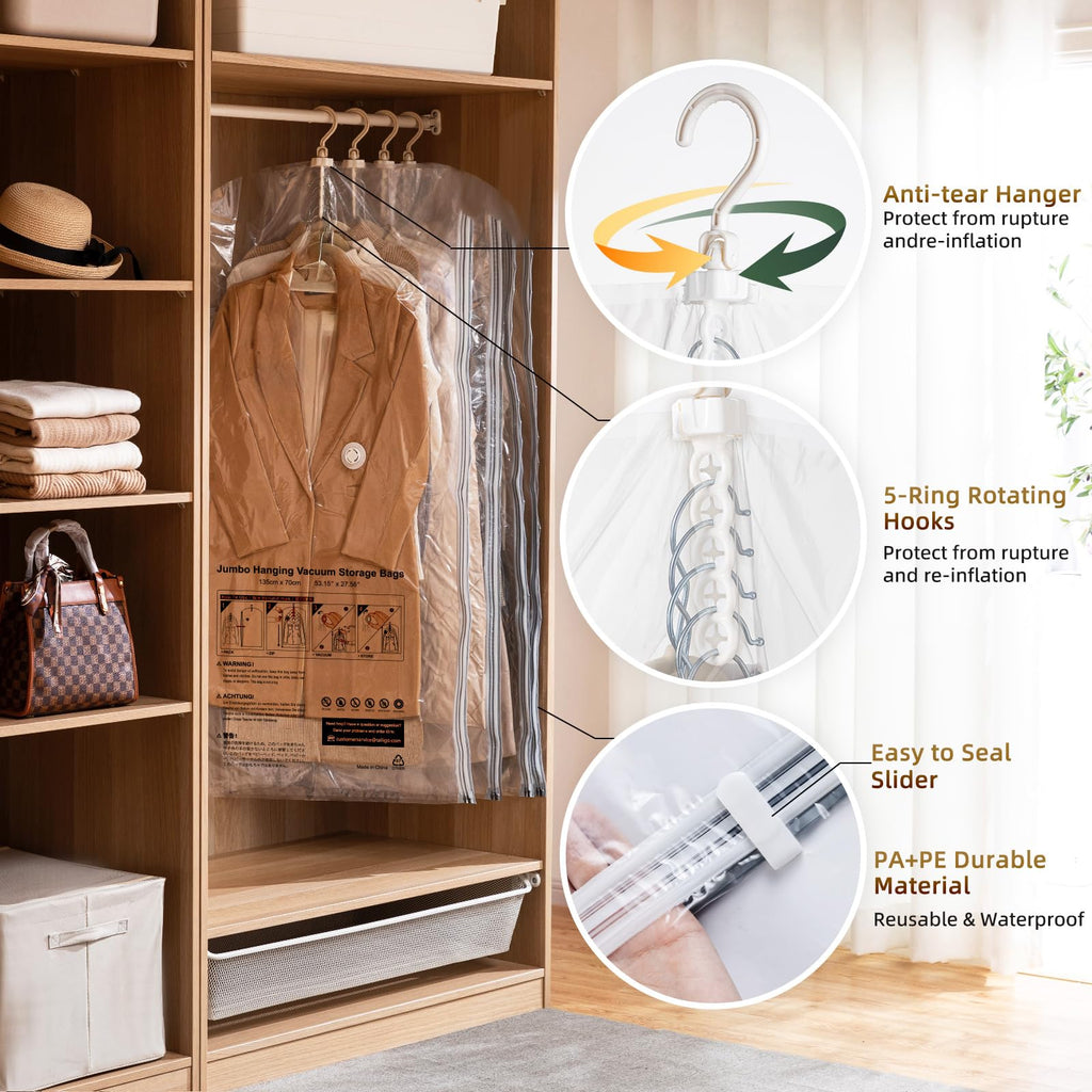 TAILI Hanging Vacuum Sealer Storage Space Saver Bags for Clothing,Travel, Suits and Jackets, Closet Organizers, 6 Pack Jumbo Clear