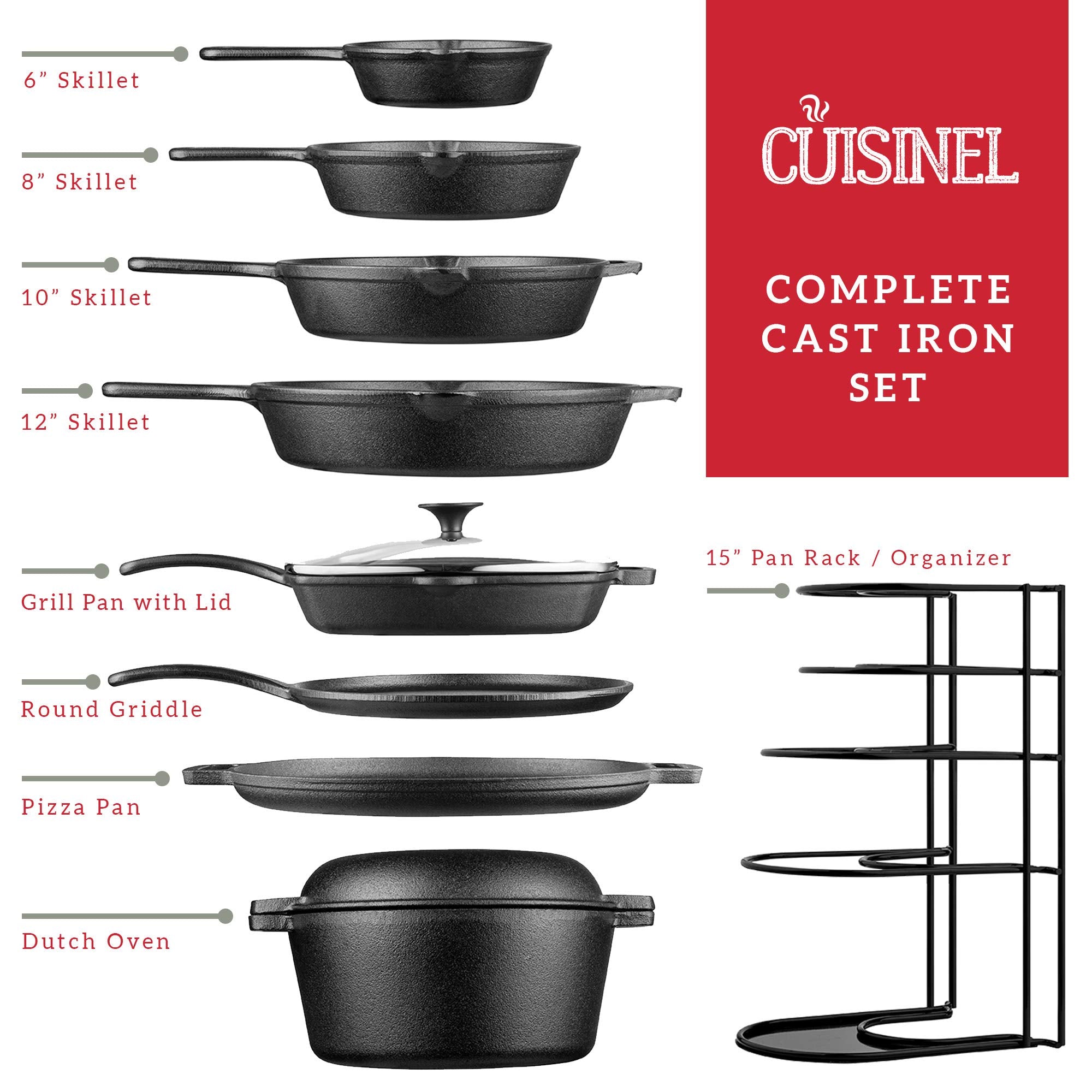 Cast Iron Cookware 18-Piece Set - Pre-Seasoned 6" + 8" + 10" + 12" Skillet + Grill Pan+Lid + Griddle + Pizza Pan + Dutch Oven+Cover/Pan + Panrack + Silicone Handle Cover + Pan Scraper/Cleaner
