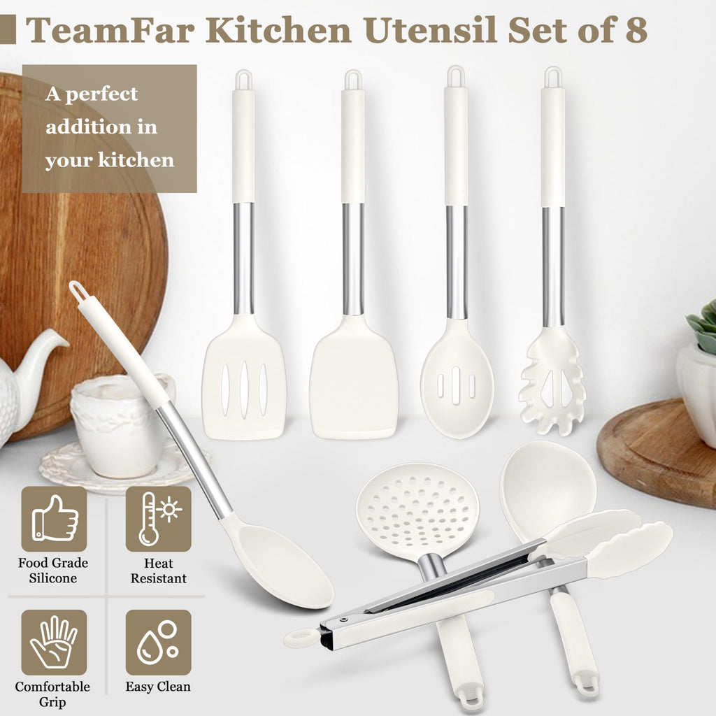TeamFar Kitchen Utensils Set of 8, Silicone Utensils Kitchen Tools-White