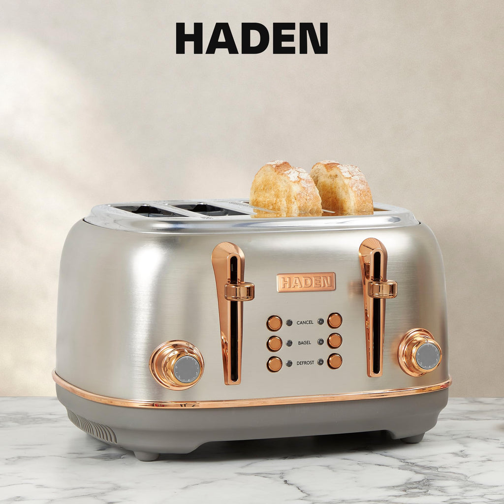 Haden Heritage 4 Slice Wide Slot Stainless Steel Toaster Bundled with 1.7 Liter Stainless Steel Electric Water Kettle, Steel & Copper