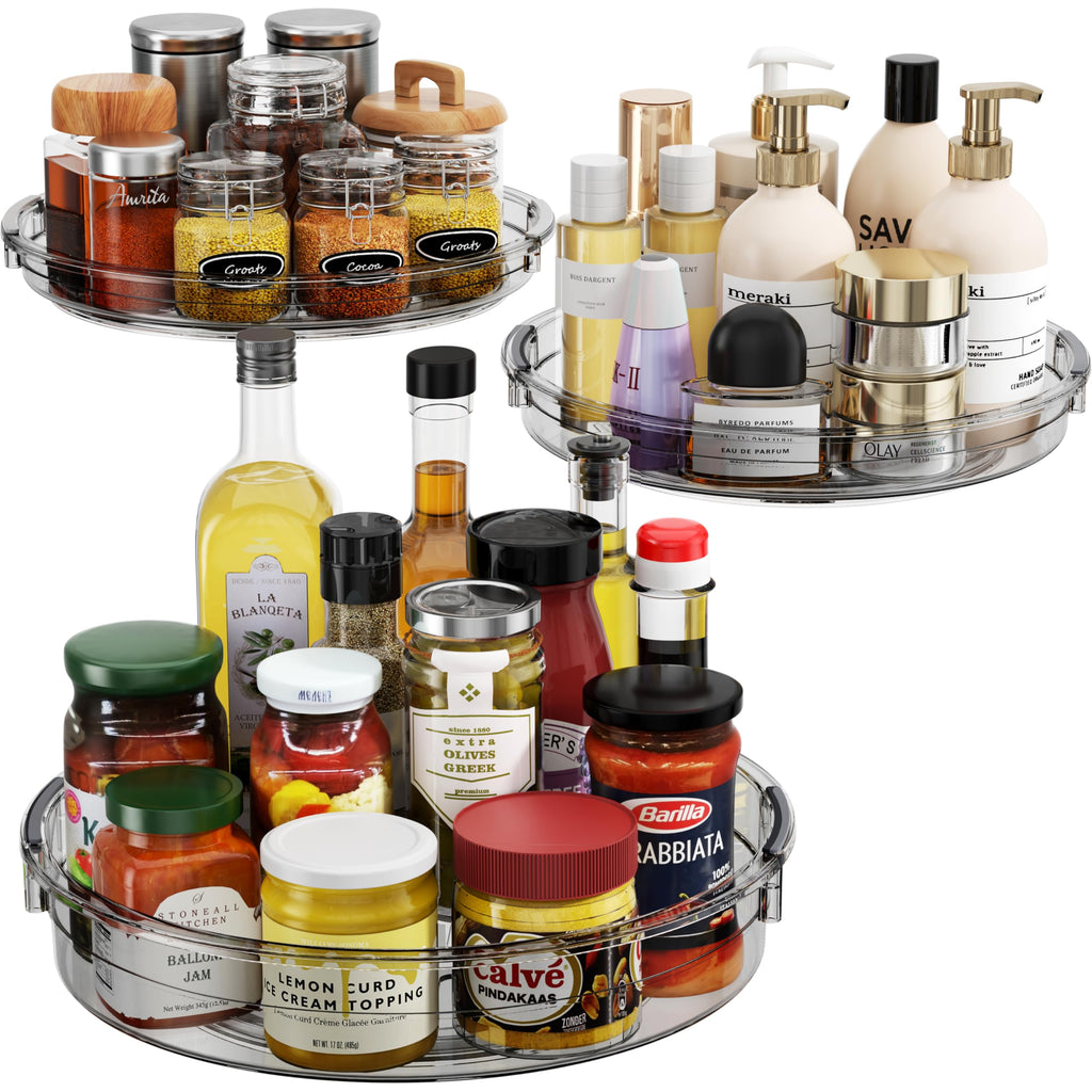 LAMU 3 Pack Lazy Susan Organizer Turntable for Cabinet, Condiment Organizer for Kitchen Pantry Organizers and Storage, Table Top, Fridge, Countertop, Spice Organization, 12'' 10.6'' 9.25'', Grey