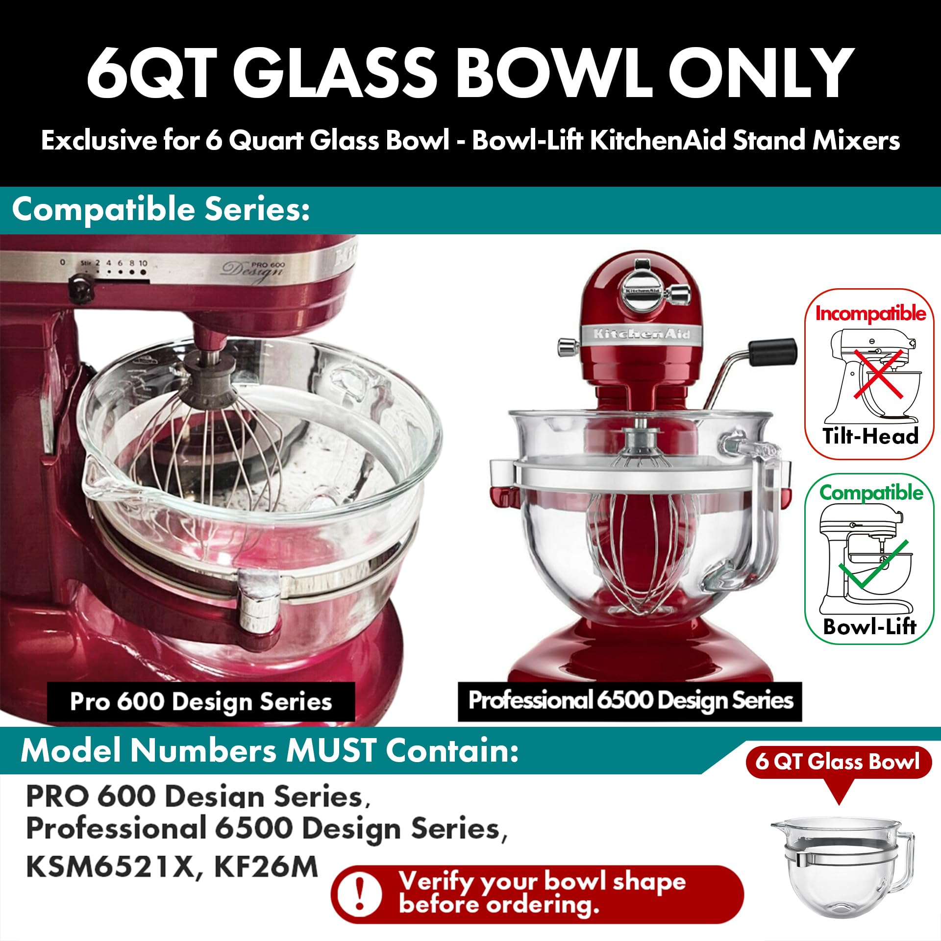QAP Stainless Steel Whisk Fits KitchenAid 6 QT Glass Bowl Lift Mixer