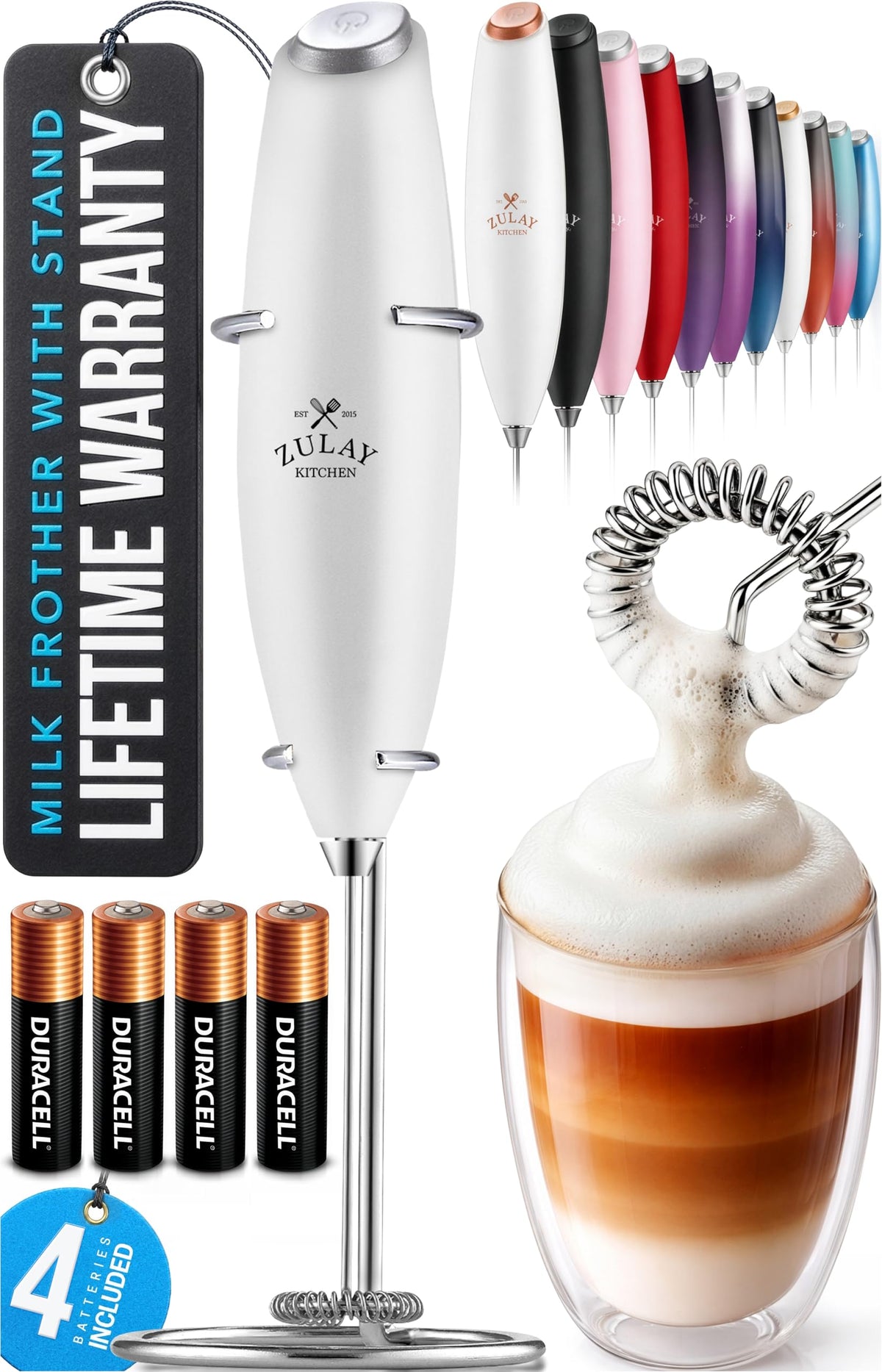 Zulay Kitchen Powerful Milk Frother Wand With Duracell Batteries - Ultra Fast Handheld Drink Mixer - Electric Whisk Foam Maker for Coffee, Lattes, Cappuccino & Matcha - Z1 Motor - Aqua