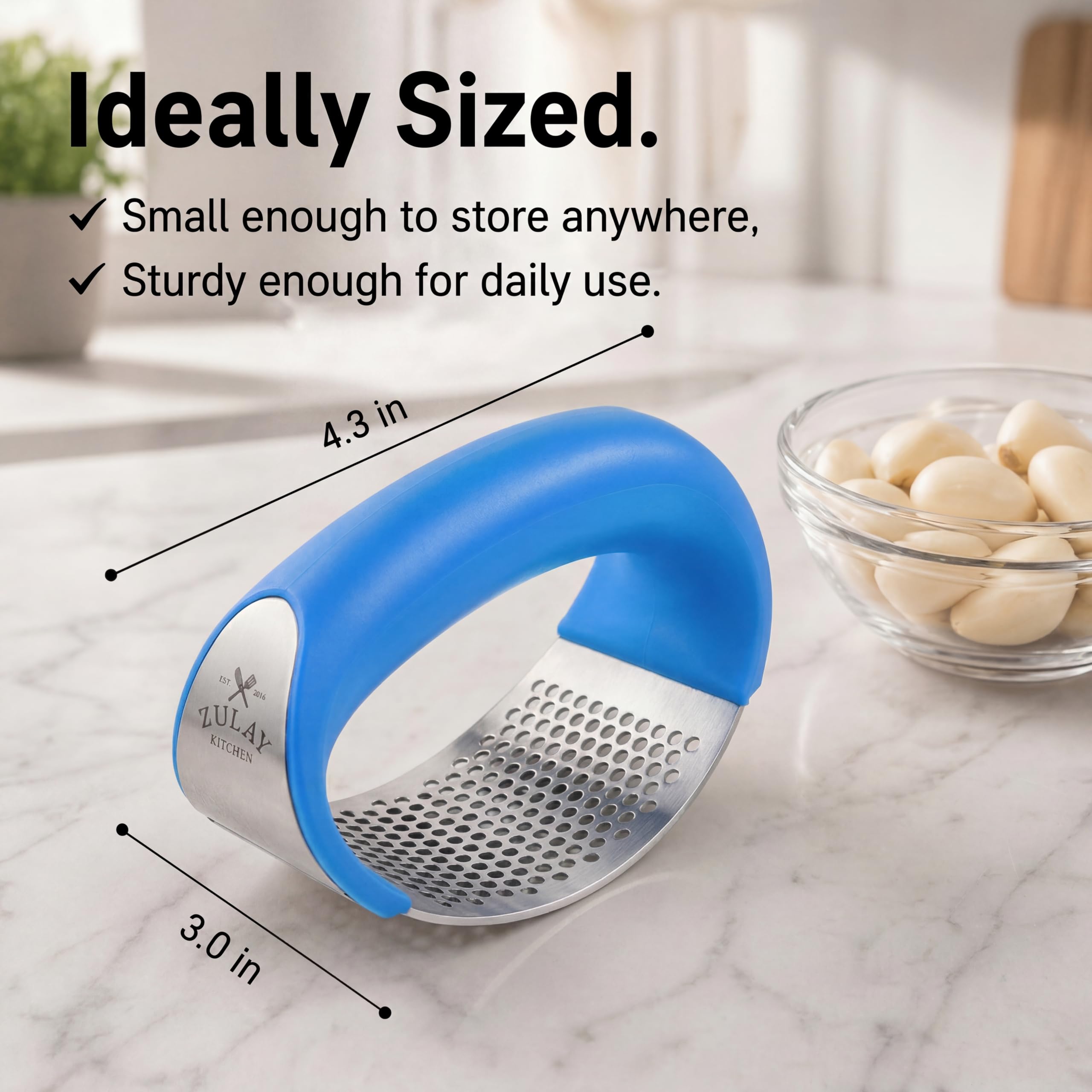 Zulay Kitchen Stainless Steel Garlic Press Rocker Set - Premium Garlic Mincer Garlic Crusher - New Innovative Garlic Crusher with Peeler and Scraper - Comfortable Grip (Blue)
