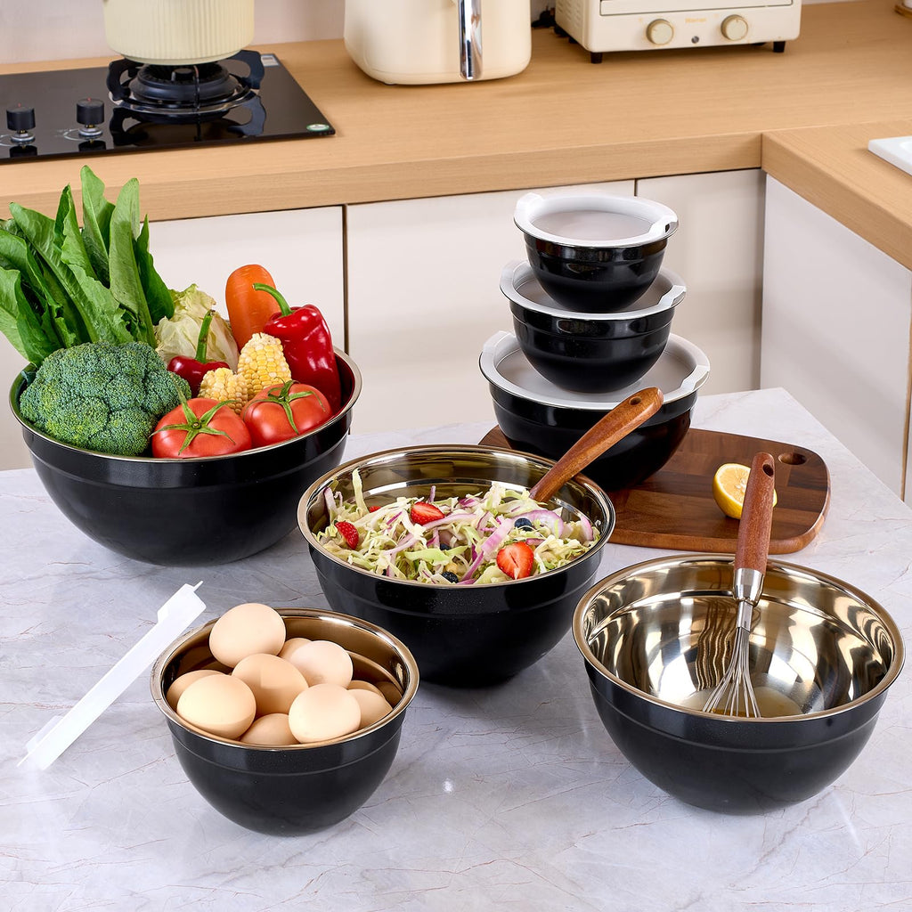 LKTDYMEG Black Mixing Bowls with Lids Set of 7, Stainless Steel Nesting Bowl with Khaki Lid for Non-slip Mixing Prepping Storing Serving, 7 Sizes-7/3.6/2.7/2.1/1.5/1/0.8 QT
