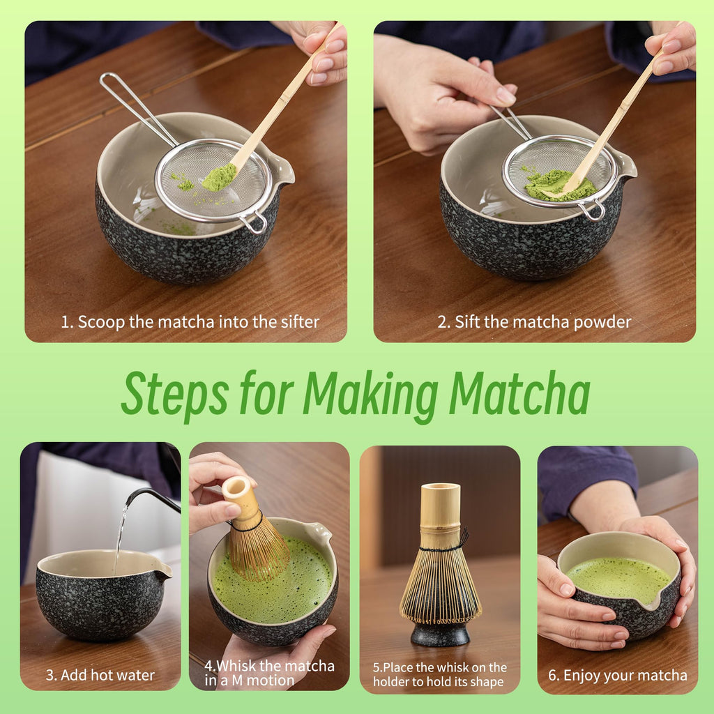 TEANAGOO Matcha Whisk Set Black,7 Pcs Matcha Set,Matcha Kit for Ceremony,Tradition Tea Set for Making Breakfast/Latte,Matcha Whisk Set with Bowl(Chawan)/Whisk and Holder,Gift for Family/Friend